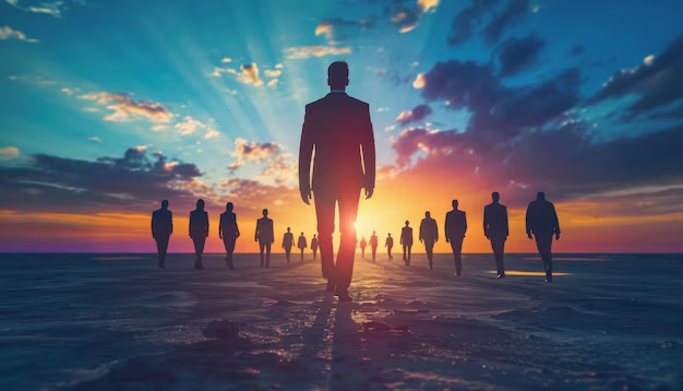 Members of a prestigious organization walking toward a bright horizon