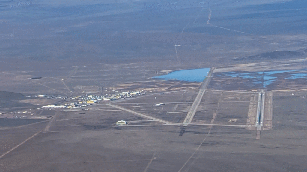 A wide aerial view of the mysterious dry lake bed surrounding area 51 in Nevada