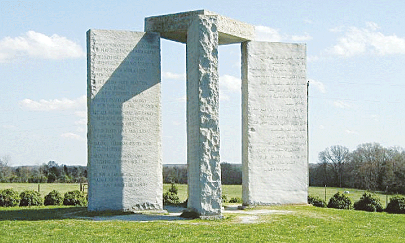 The Georgia Guidestones monument in Georgia before destruction, showing the massive granite slabs