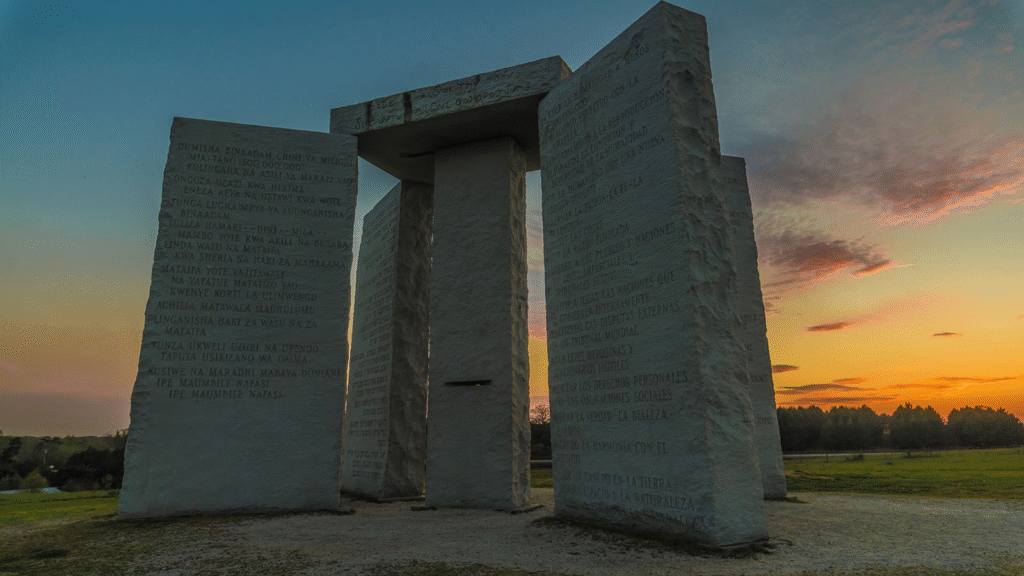 The Georgia Guidestones showing astronomical alignment during sunset in Elbert County
