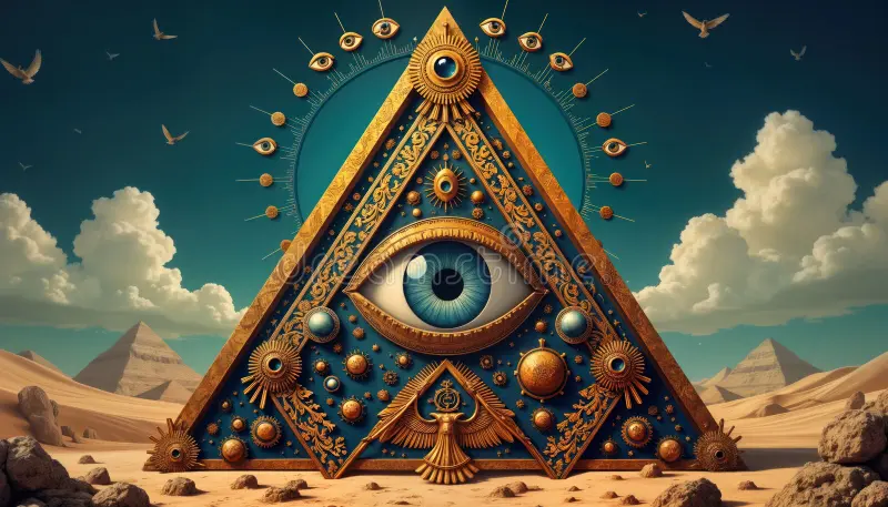 The illuminati eye symbol surrounded by golden rays representing ancient wisdom, spiritual awareness, and elite identity