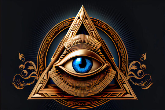 A gold emblem representing the illuminati symbol and the concept of global personal advancement.