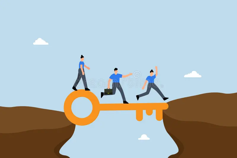 A visual metaphor of successful individuals building a bridge to future wealth.