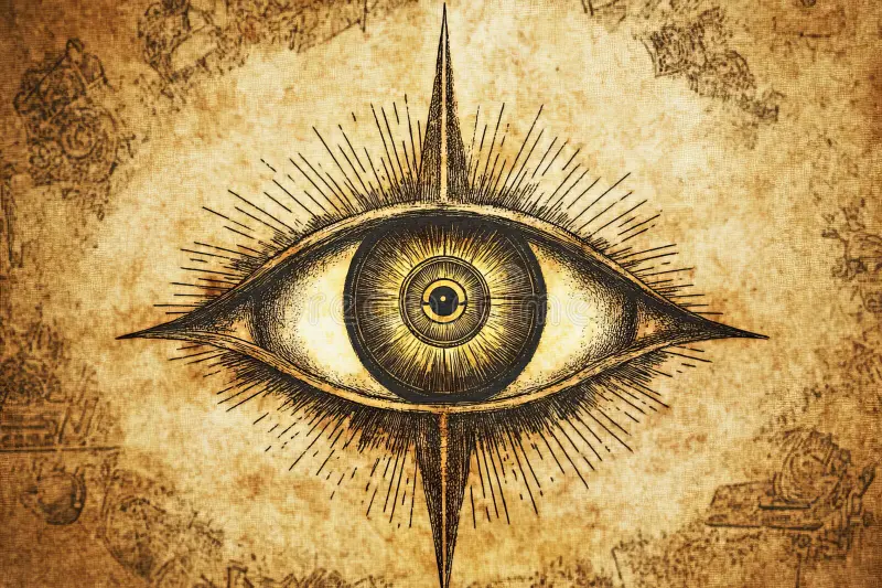 The illuminati eye symbol surrounded by golden rays representing ancient wisdom, spiritual awareness, and elite identity

