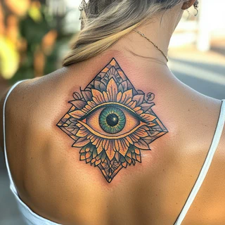 Professional illuminati tattoo showing detailed geometric eye design on shoulder