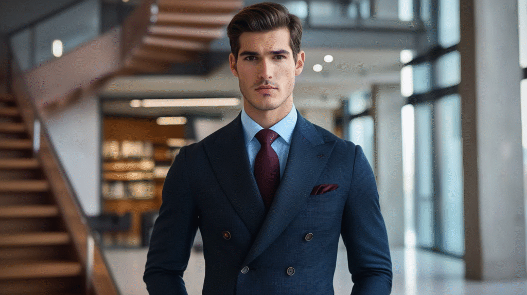  Prestige apparel collection styling on an executive blazer featuring the pyramid collection gold pin