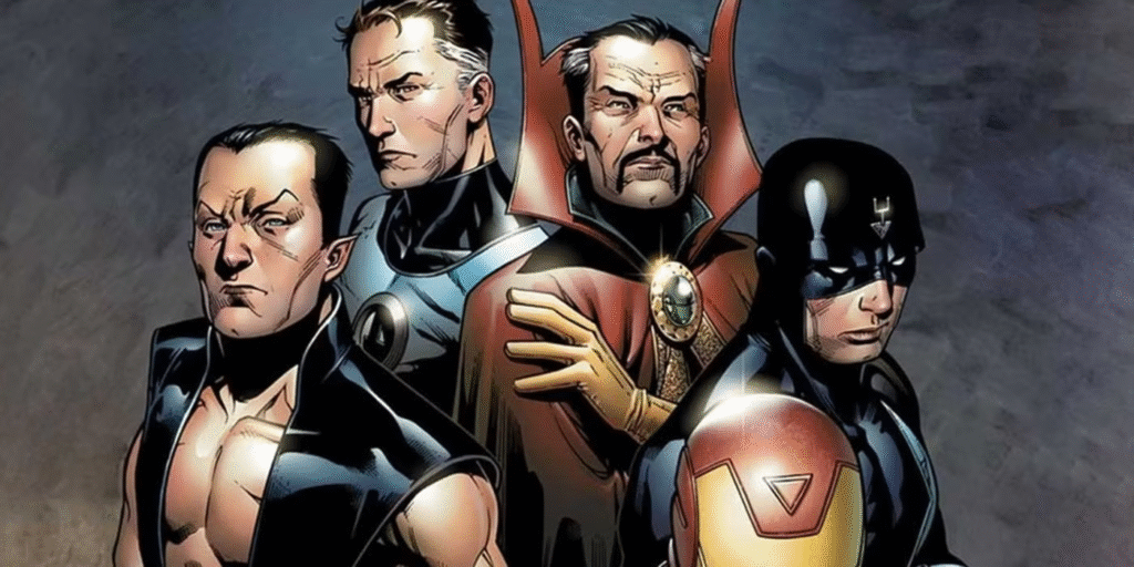 The fictional illuminati marvel council discussing strategies around a circular glass table.