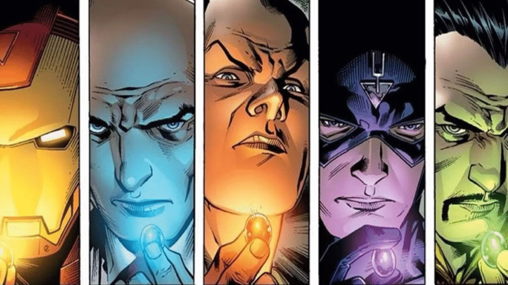 The fictional illuminati marvel council discussing strategies around a circular glass table.