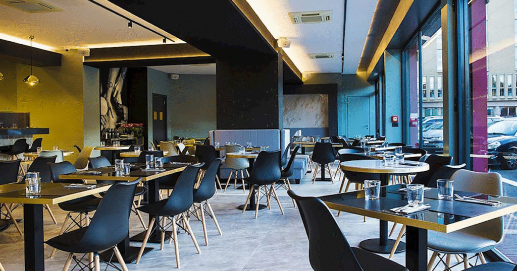 Sleek modern interior of seu pizza illuminati restaurant in Rome Italy