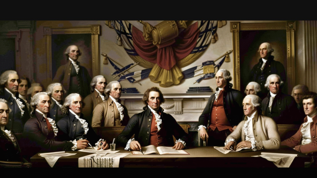 A historical representation of the circolo degli illuminati gathered in a private room discussing leadership and strategy.
