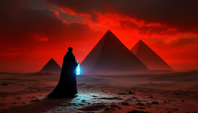 Secret society members observing global symbolic cinema in an illuminati film scene