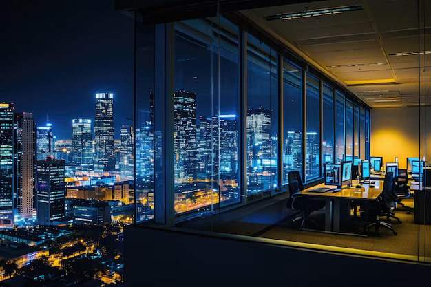 A skyline view from a high-level corporate office reflecting the wealth of the circolo degli illuminati.